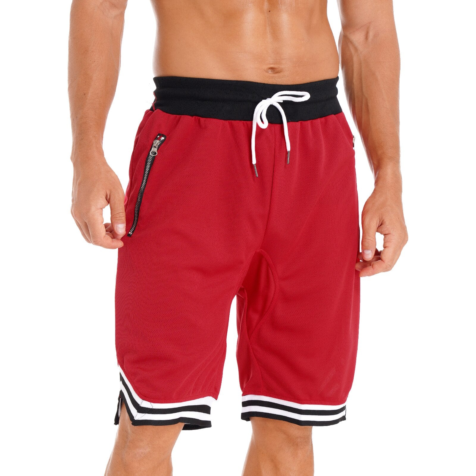 Men Basketball Shorts Breathable Casual Loose Shorts Drawstring Red Short